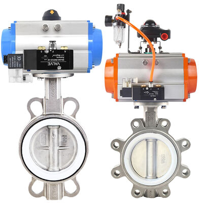 PTFE Sg Lug Type Pneumatic Actuator Butterfly Valve SS304 Double Acting With 24VDC Solenoid Valve