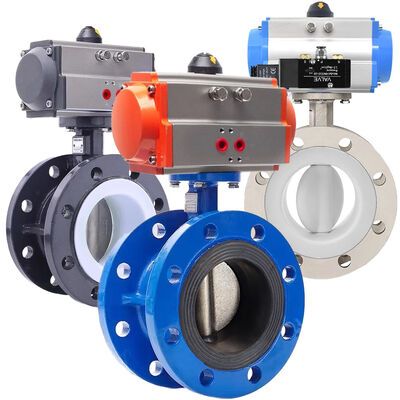 Flange Pneumatic Soft Sealed Butterfly Valve EPDM PTFE Rubber Casting Iron With Air Actuator